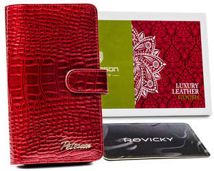 Duży portfel Damski na karty ze wzorem skóry krokodyla — Peterson - Czerwony