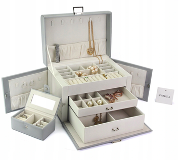 Szkatułka na biżuterię, z 2 szufladami, zamykany organizer na biżuterię , wyjmowane pudełko podróżne, na pierścionki, bransoletki, kolczyki, aksamitna podszewka PATRIZIA