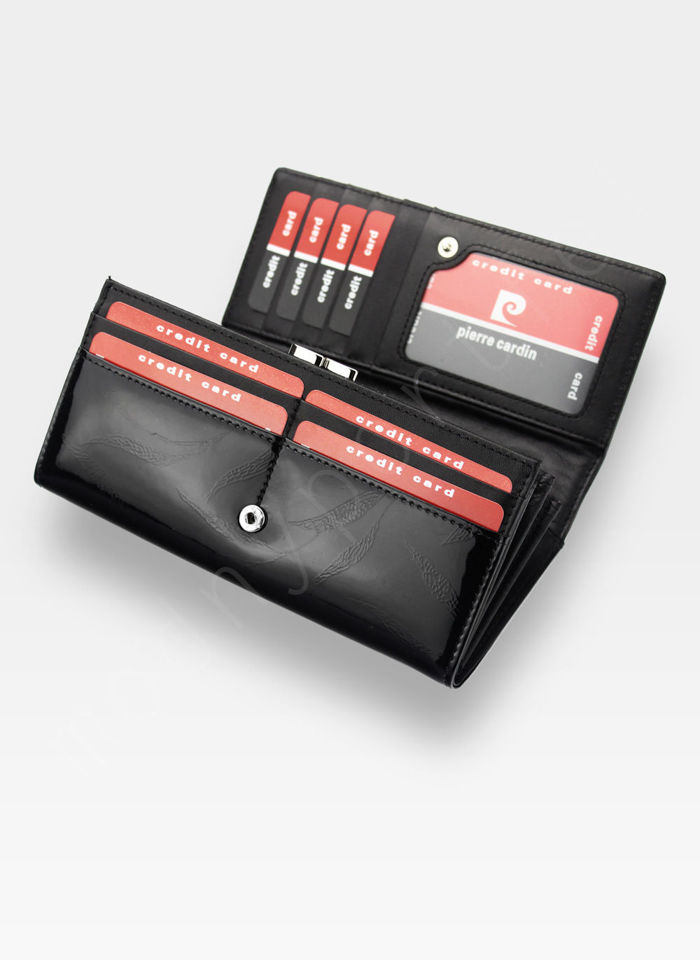 Portfel Damski Pierre Cardin 02 LEAF 100 Skóra Naturalna Czarne Liście Poziomy Duży RFID Secure