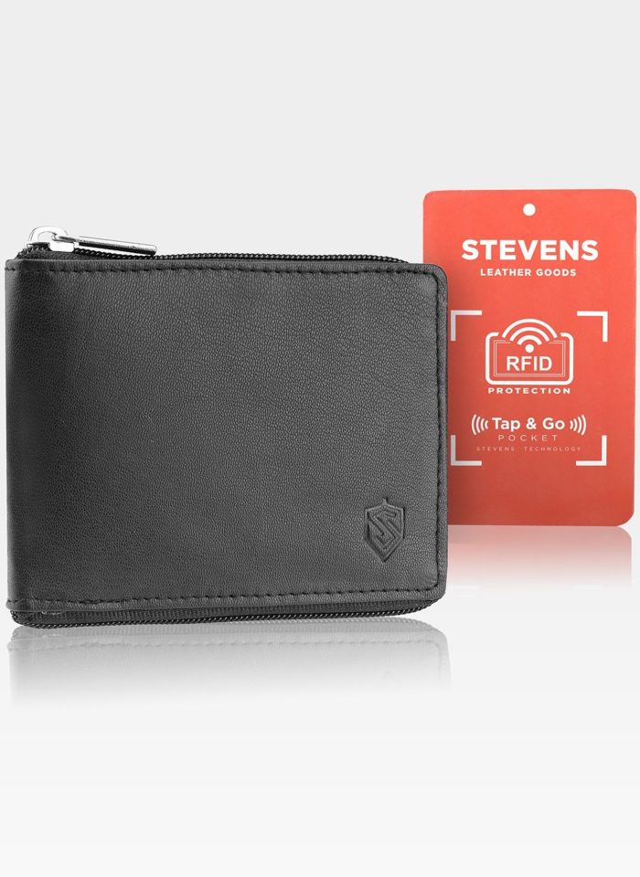 Skórzany czarny portfel męski STEVENS duży na suwak RFID Secure TAP&GO